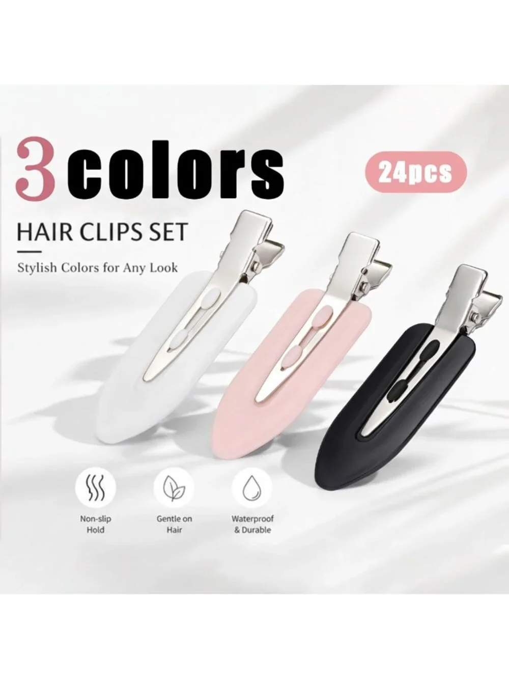 24 Pcs Creaseless Hair Clips for Women - Makeup, Stylish Black/Pink/White Set